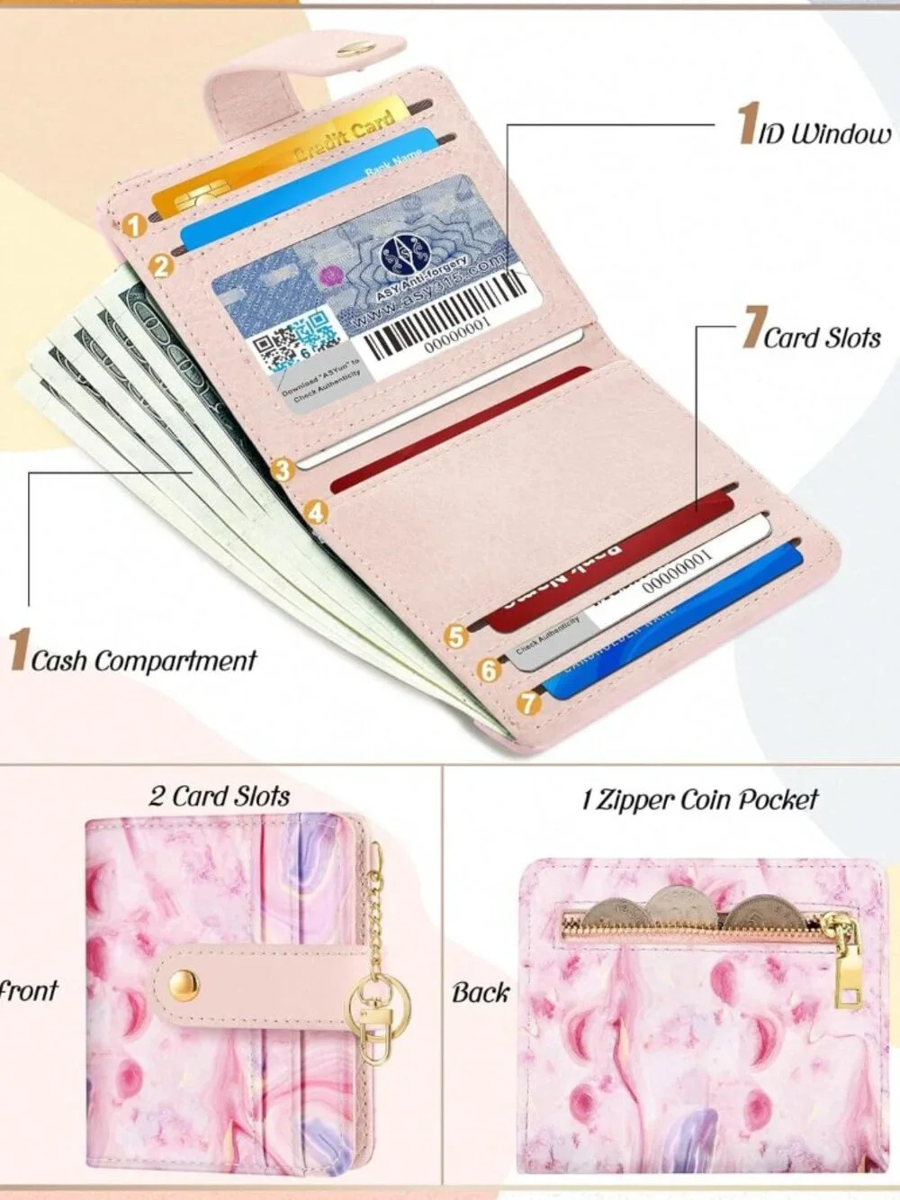 Chic Pink Agate Small Card Wallet with Keychain for Women - Stylish & Functional